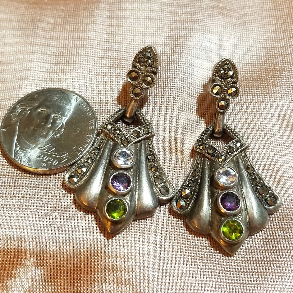 VTG DOOR KNOCKER Multi Gem Marcasite Sterling Earrings - Picture 5 of 7